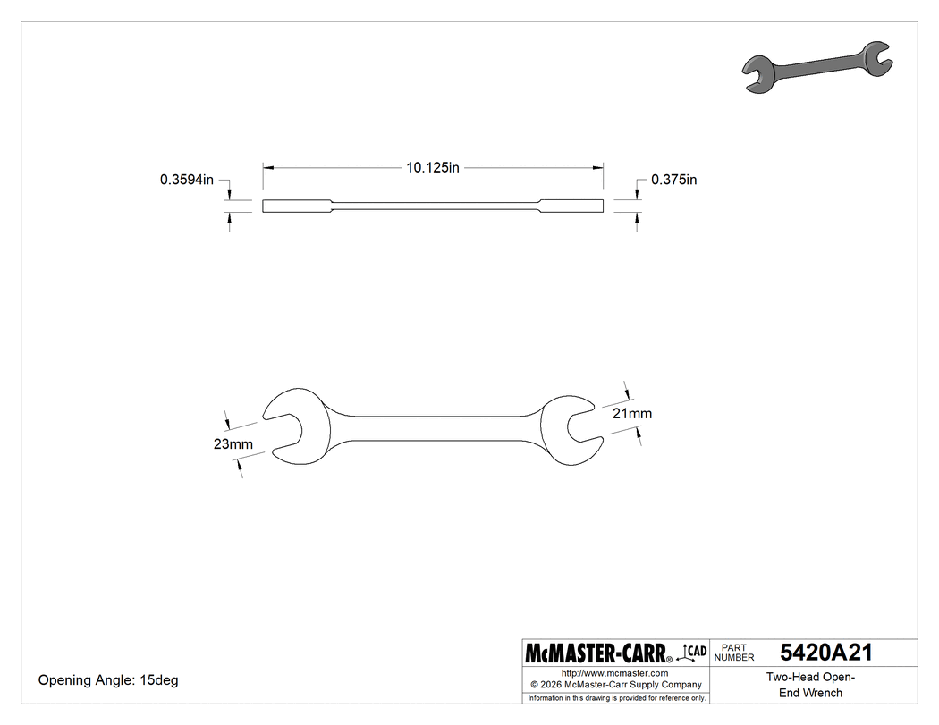 Technical Drawing of Double Open-End Wrench, Dull Chrome Plated, 21 mm x 23 mm Size, 10-1/8" Overall Length .